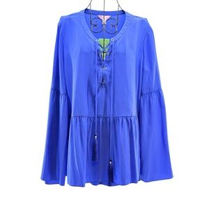 NEW Lilly Pulitzer Milan Brilliant Blue 100% Silk Ruffle Lace-Up Blouse, Size M